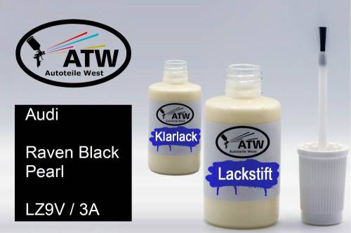 Audi, Raven Black Pearl, LZ9V / 3A: 20ml Lackstift + 20ml Klarlack - Set, von ATW Autoteile West.